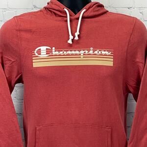 Champion Midweight Hoodie S Small Red Cotton Logo Stripe Pullover Sweatshirt